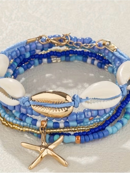 Jewelry - Blue Beaded Shell Wrap Bracelet with Gold Starfish Charm